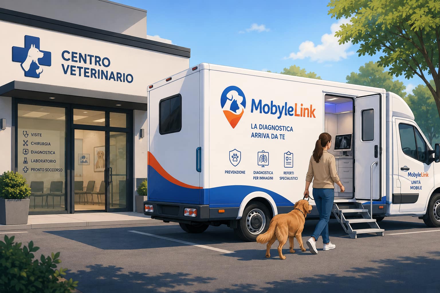 Unità mobile MobyleLink parcheggiata presso un centro veterinario, con una cliente e il suo cane in ingresso al mezzo